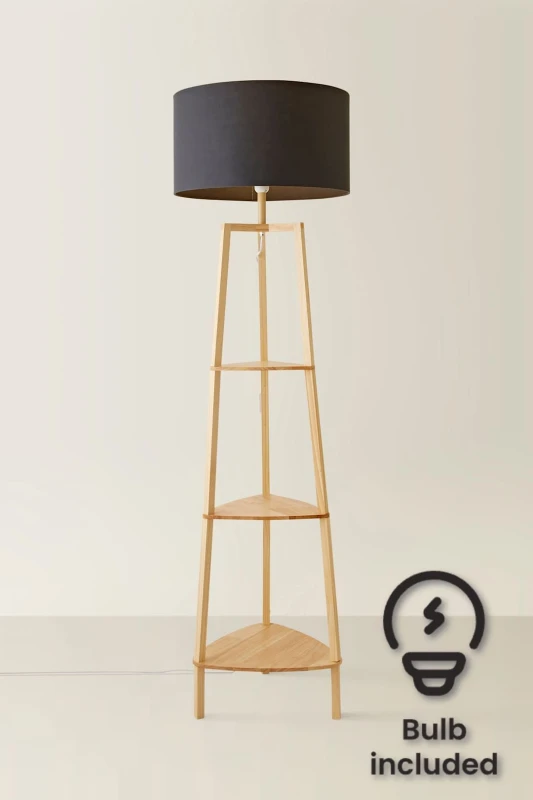 Image of ValueLights ValueLights Hiru 3 Tier Wooden Shelf Floor Lamp with Large Drum Shade and Bulb in Charcoal Charcoal One Size Unisex 5059406034664
