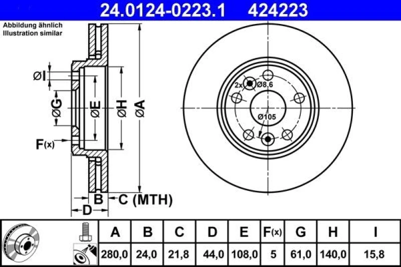 Image of ATE 24.0124-0223.1 Brake disc Vented, Coated, High-carbon, with bolts/screws Brake Disc (82)