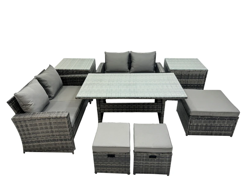 Image of Fimous 7 Seater Outdoor Table Double Seat Sofa 2 Side Table 3 Stool Set in Dark Grey Dark Grey Unisex