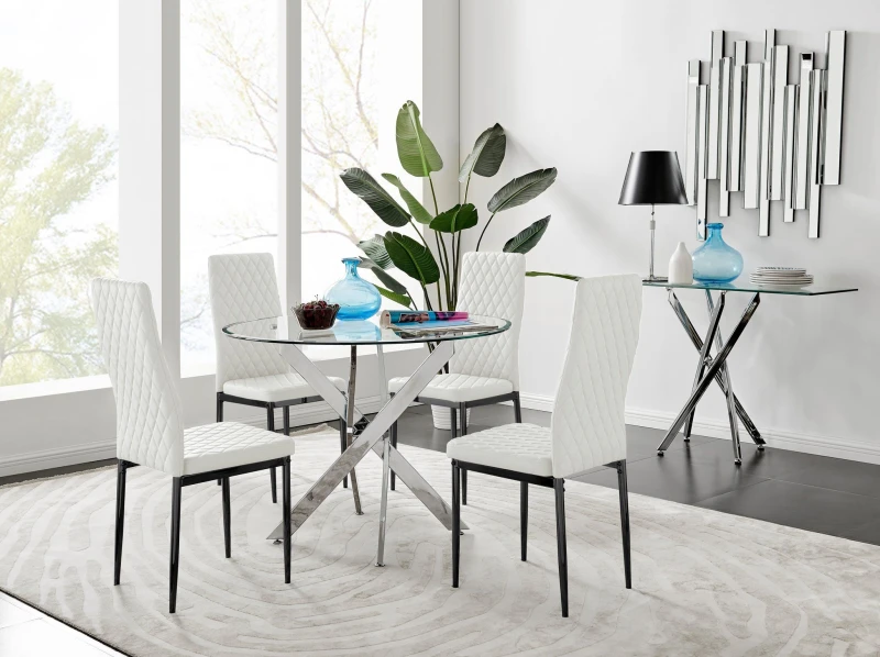 Image of FurnitureboxUK FurnitureboxUK Novara 100cm Round Dining Table and 4 Milan Black Leg Chairs in White White One Size Unisex 5056542647215