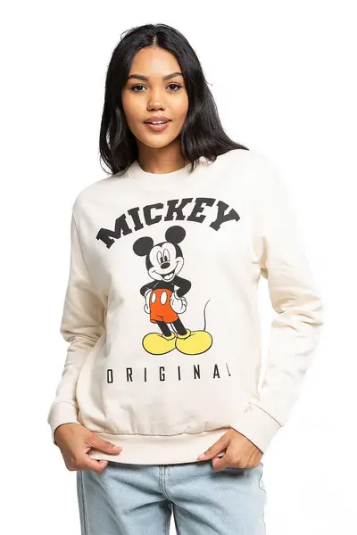 image of Disney Mickey Mouse Hello Ladies Crew Sweatshirt Stone