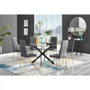 Image of Furniture Box Novara Black Leg 120Cm Round Glass Dining Table and 6 Grey Velvet Milan Gold Leg Chairs