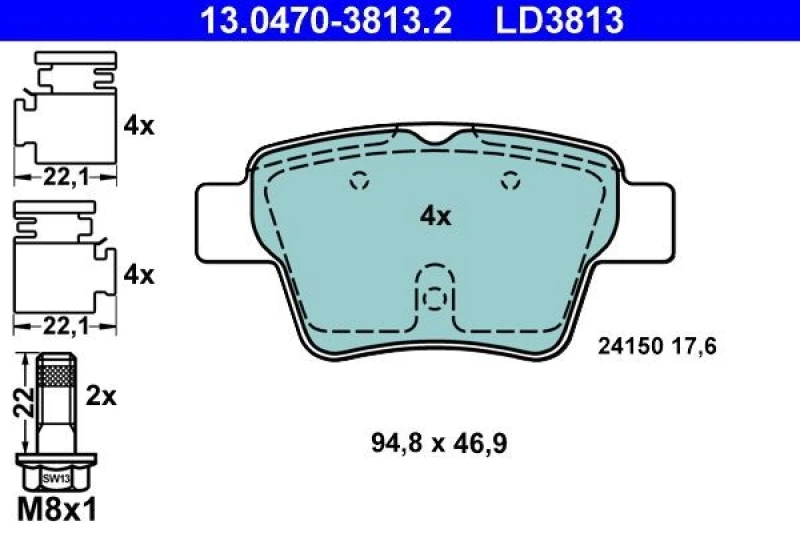 Image of ATE 13.0470-3813.2 Brake pad set excl. wear warning contact, with accessories, with brake caliper screws Brake Pad Set,disc brake (402)