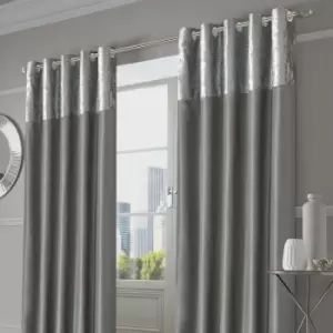 image of Sienna Crushed Velvet Band Curtains Pair Eyelet Faux Silk Fully Lined Ring Top Manhattan Silver Grey 66" Wide X 54" Drop