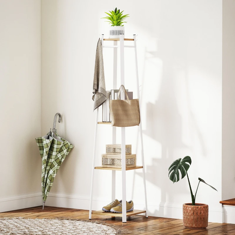 Image of HOMCOM HOMCOM Clothes Rack with Storage, Garment Rack with 8 Hooks and 3-Tier Shelf in Light Oak Light Oak One Size Unisex 5063603149526