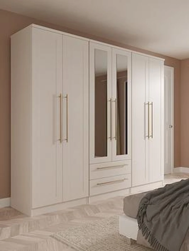 Image of Welcome Furniture Ltd Haworth Tall 6 Door 2 Drawer Mirror Wardrobe in White Ash - Ready Assembled, White HAW192WAWA