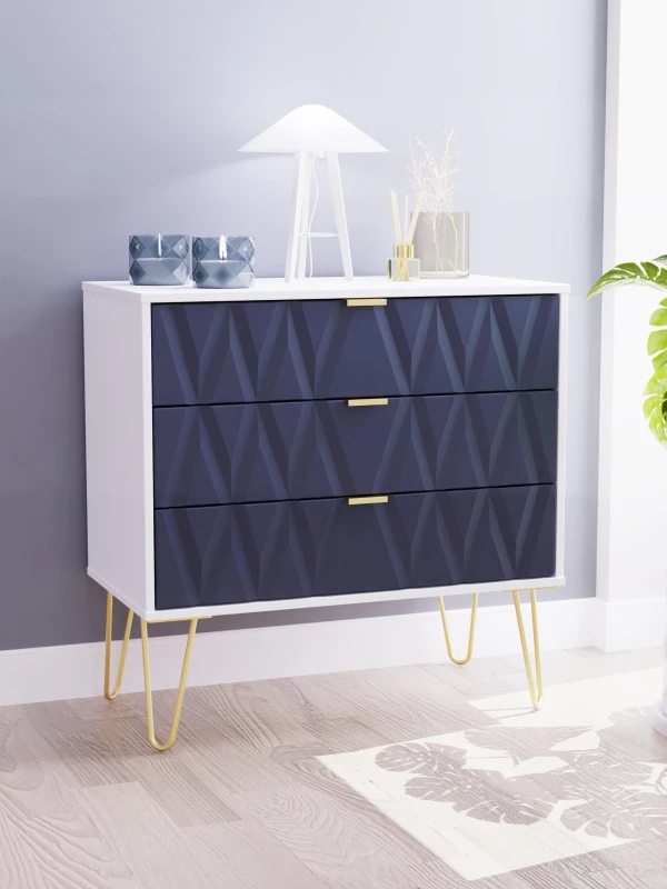 Image of Diamond Ready Assembled Matt Indigo & White 3 Drawer Wide Chest (H)695mm (W)765mm (D)415mm