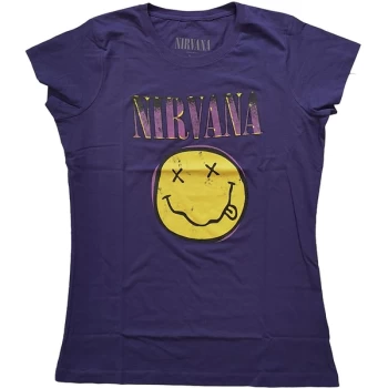 image of Nirvana - Xerox Smiley Pink Womens Small T-Shirt - Purple