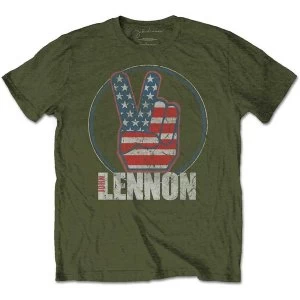 image of John Lennon - Peace Fingers US Flag Unisex Small T-Shirt - Green