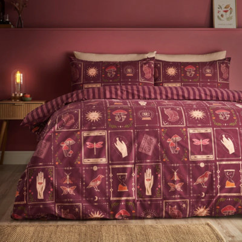 Image of Catherine Lansfield Enchanted Witchcraft Reversible Double Duvet Cover Set With Pillowcases Plum