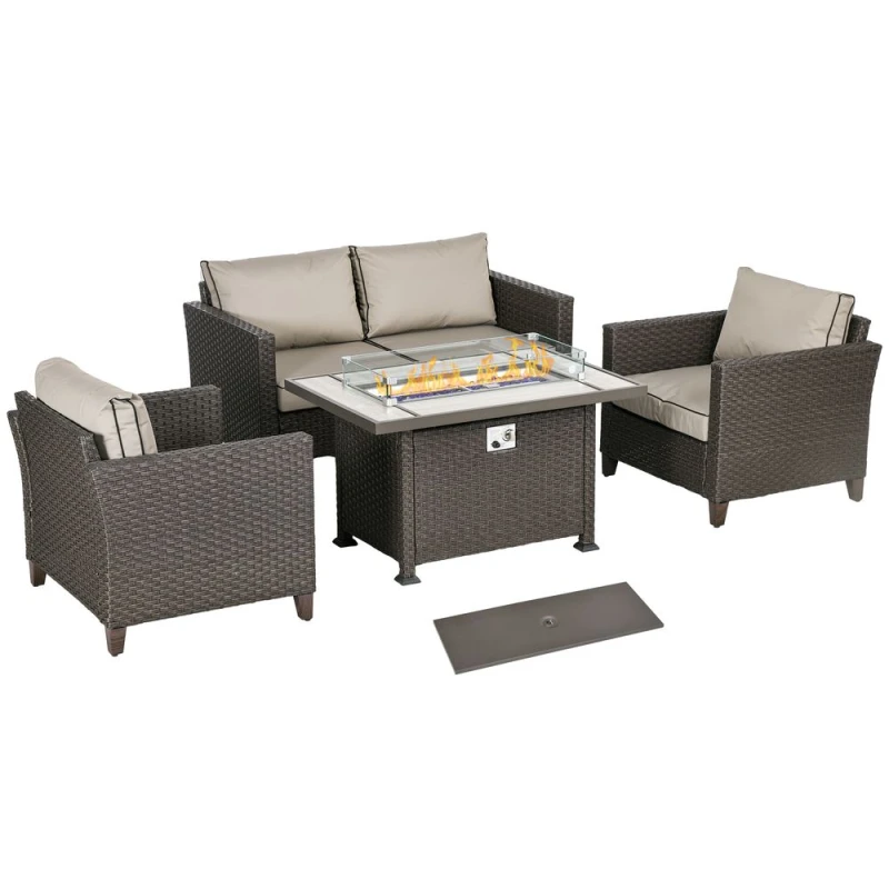 Image of Outsunny 5 PCs Rattan Garden Furniture Set with Gas Fire Pit Table Brown - Outsunny 5056725516468