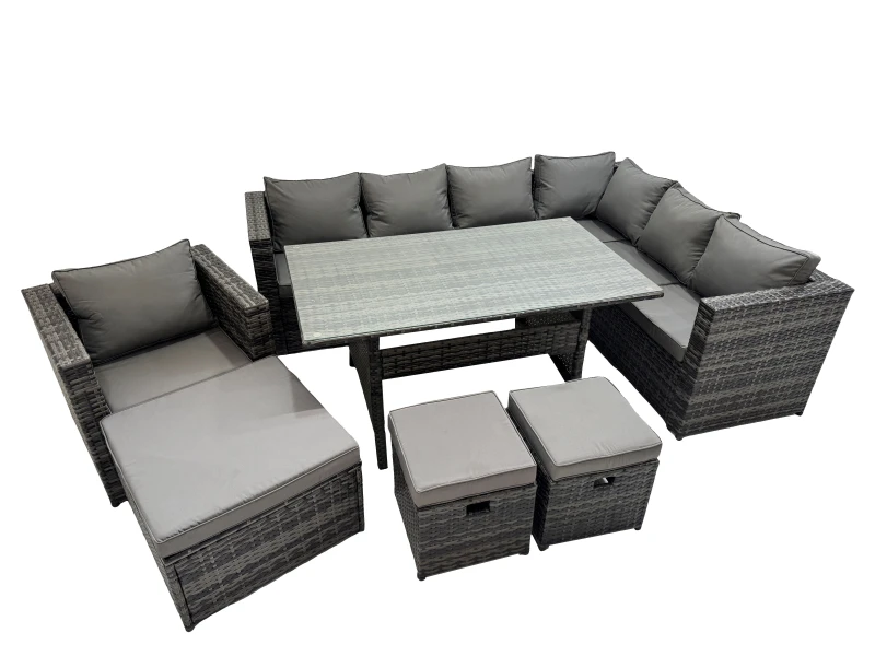 Image of Fimous 10 Seater Patio Dining Corner Sofa Sets with Chair Big Stool in Dark Grey Dark Grey Unisex