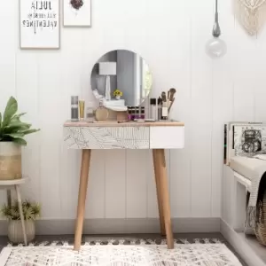 Image of Wooden Compact Dressing Table With Leaf Print Drawer And Mirror White And Natural