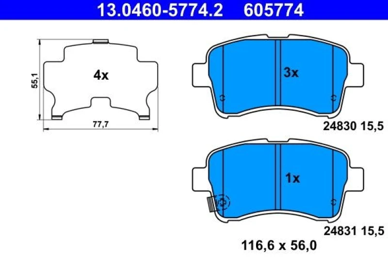 Image of ATE 13.0460-5774.2 Brake pad set with acoustic wear warning, with anti-squeak plate Brake Pad Set,disc brake (402)