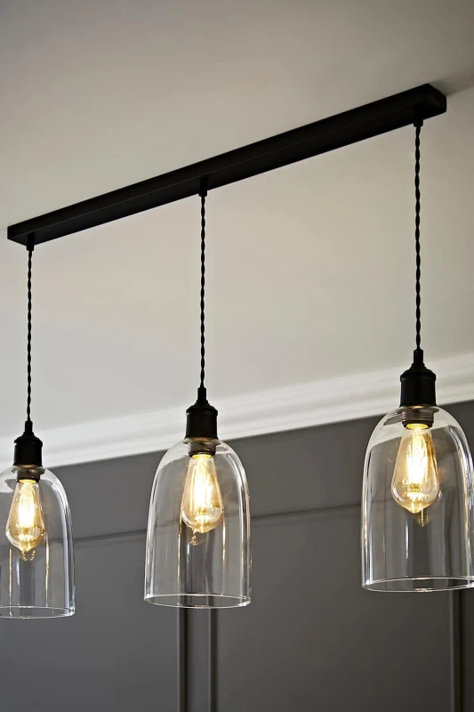 Image of ValueLights ValueLights Kira Glass Cloche Dome 3 Drop Bar Diner Ceiling Pendant Light in Black One Size Unisex 5059406062728