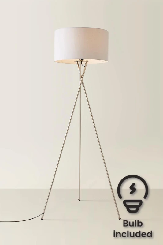 Image of ValueLights ValueLights Camden Brushed Chrome Tripod Floor Lamp with Drum Lamp Shade and Bulb in Grey Grey One Size Unisex 5055759992927