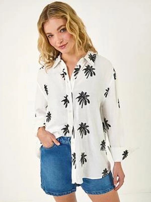 Image of Dusk Womens Palm Embroidered Shirt in White Size: 8 White Female 8