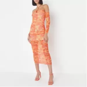 image of Missguided Tie Dye Mesh Cold Shoulder Ruched Midi Dress - Orange