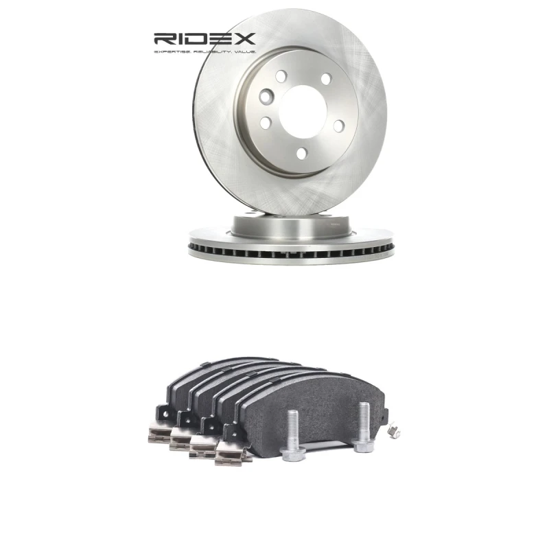 Image of RIDEX 3405B3510 Brake disc and pads set Front Axle, Brake Disc Type: Vented, excl. wear warning contact, with anti-squeak plate Brake Set,disc brakes