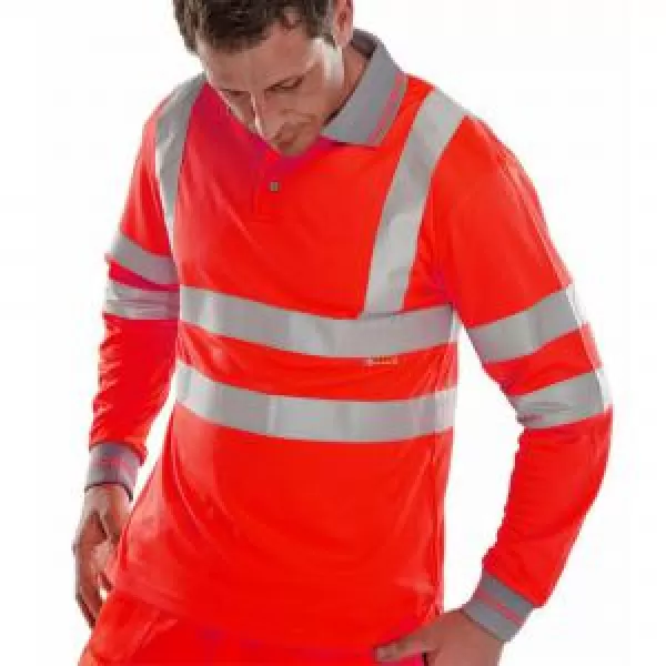 image of B SEEN High Visibility Polo Shirt, Long Sleeved, Red, XL