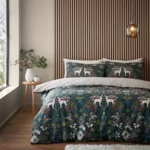 Image of Catherine Lansfield Majestic Stag Reversible Green Duvet Cover & Pillowcase Set Green