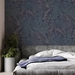 image of Superfresco Easy - Scattered Leaves Floral Blue/Copper Wallpaper - White