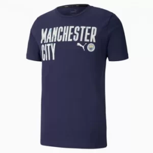 Image of PUMA Man City Ftblcore Wording Mens Football T-Shirt, Peacoat/Whisper White, size Small, Clothing