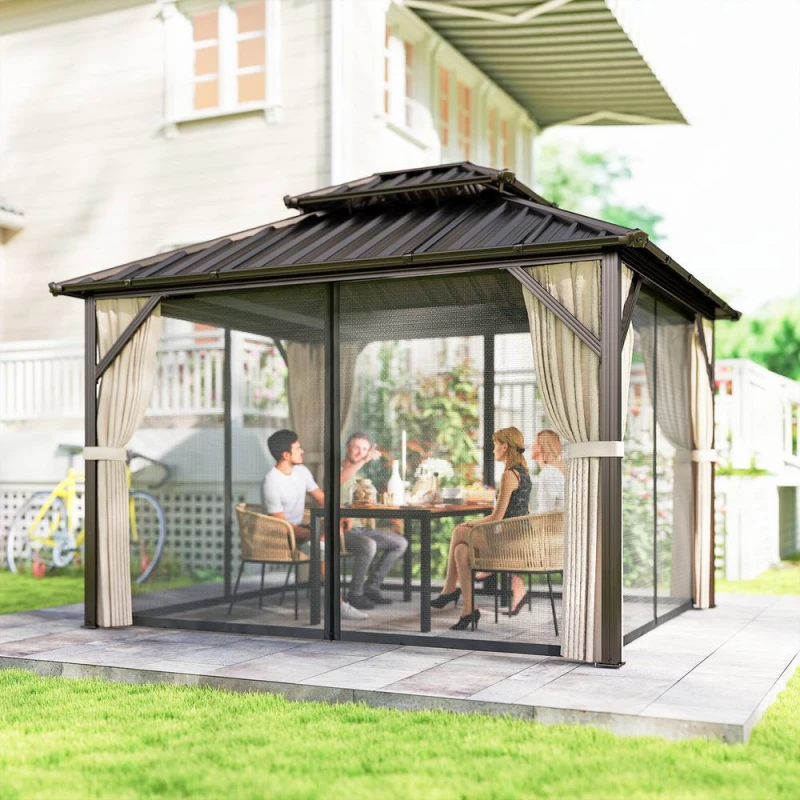 Image of OUTSUNNY 3 x 3.6 m Hardtop Gazebo Canopy with Aluminium Frame, Garden Gazebo in Brown Brown Unisex