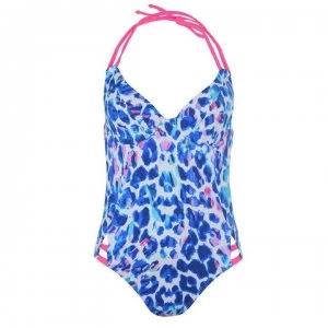 image of Figleaves Underwired Halter Swimsuit - Blue LEOPARD