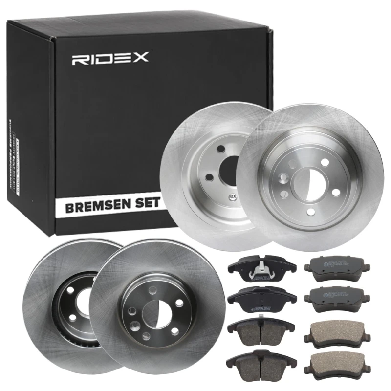 Image of RIDEX 3405B1750 Brake disc and pads set Rear Axle, Brake Disc Type: Solid, not prepared for wear warning indicator, with piston clip Brake Set,disc b