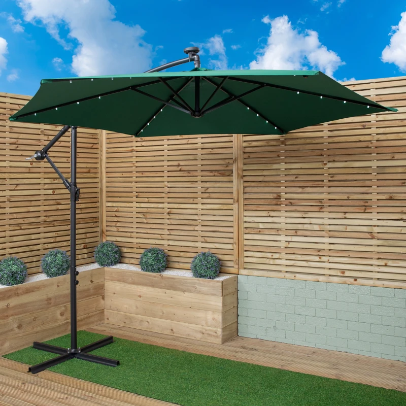 Image of Samuel Alexander 3m Solar Powered Cantilever Lit Banana Garden Parasol with Crank Handle & White LED Lights in Green