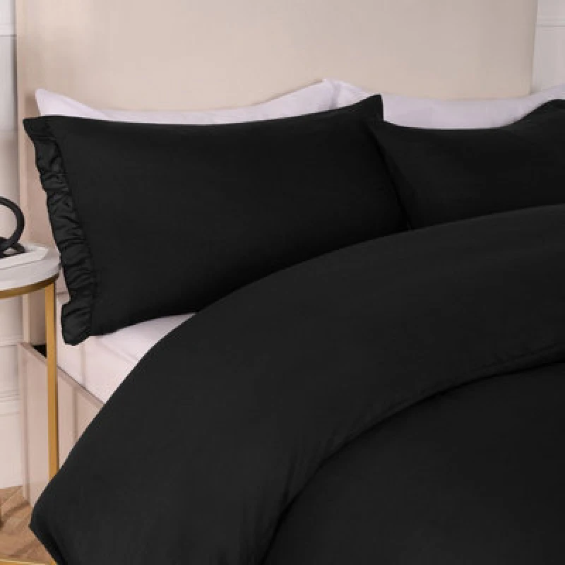 Image of OHS OHS Frill Edge Decor Duvet Cover with Pillowcase Bedding Set in Black Size: Double Black Double Unisex 5027434204588