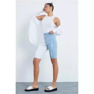 Image of I Saw It First Light Wash Colour Block Denim Cycling Shorts - Blue