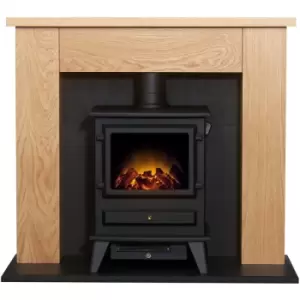 image of Adam - Chester Stove Fireplace in Oak & Black with Hudson Electric Stove in Black, 39 Inch