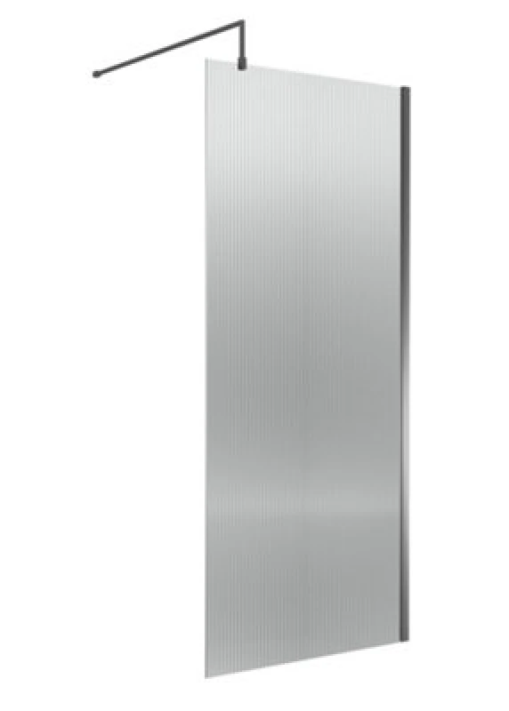 Image of Nuie Fluted Wetroom Screen, Durable Fixed Glass Shower Screen With Support Bar For Wet Room In Brushed Pewter, 1850 X 900mm