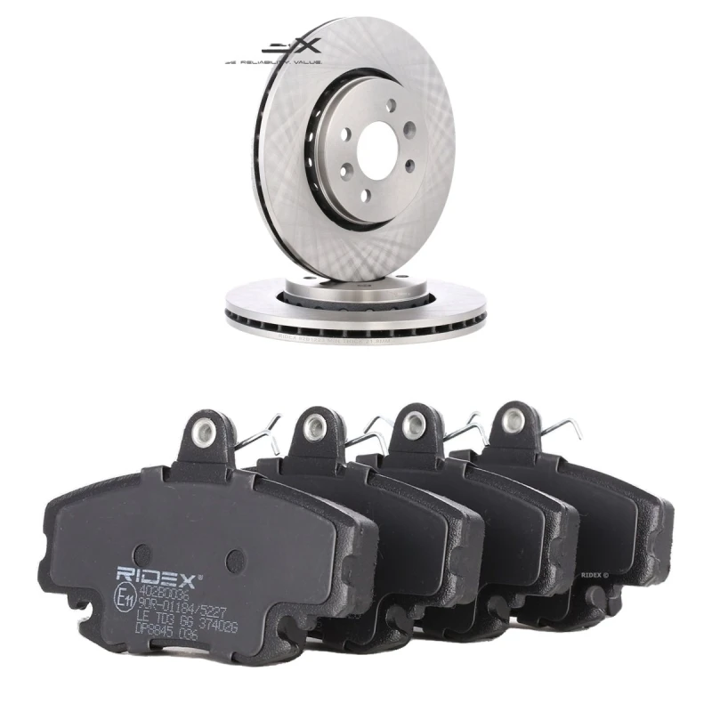 Image of RIDEX 3405B1957 Brake disc and pads set Front Axle, Brake Disc Type: internally vented, incl. wear warning contact Brake Set,disc brakes (3405)