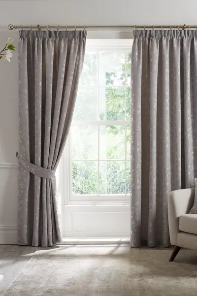 Image of Curtina 'Bird Trail' Woven Jacquard Pair of Pencil Pleat Curtains Grey