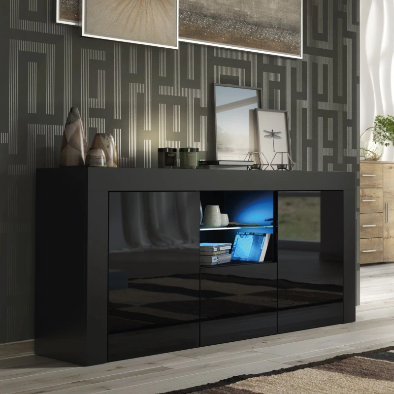 Image of Creative Furniture Aurora Sideboard 145cm - A Modern and Practical Cabinet with Gloss Doors and LED Lights Black