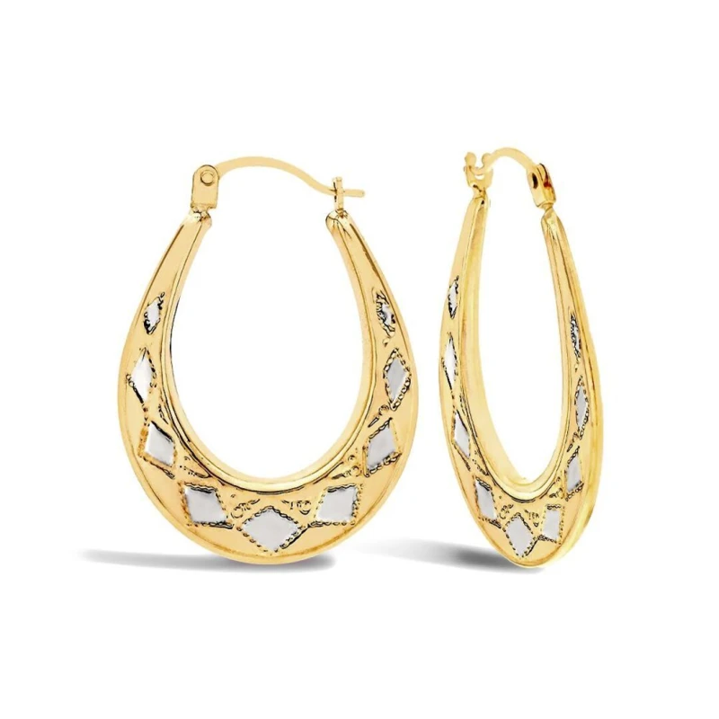 Image of Jewelco London 9ct 2-Colour Gold Pear Shape Diamond Pattern Creole Earrings - JER590A Multi female