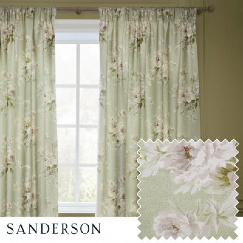 Image of Sanderson Sanderson Adele Floral Chenille Room Darkening Pencil Pleat Curtains in Light Green Size: 229cm width x 229cm drop Light Green 229cm width
