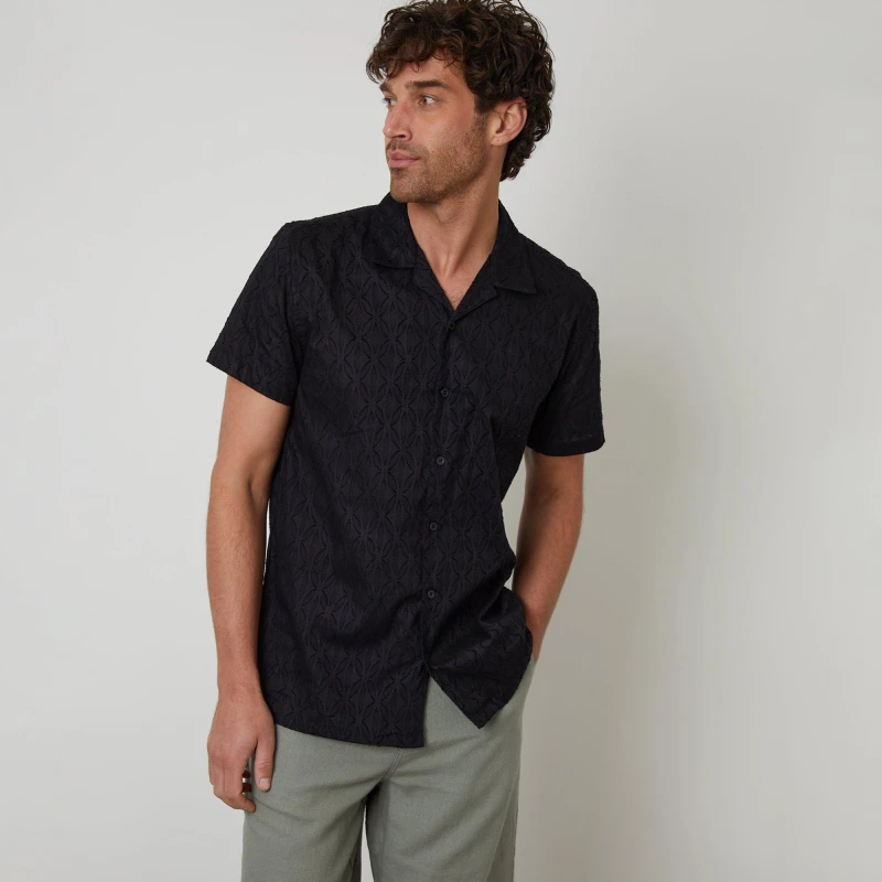 Image of Threadbare Cotton Pluck Textured Short Sleeve Shirt Black male S