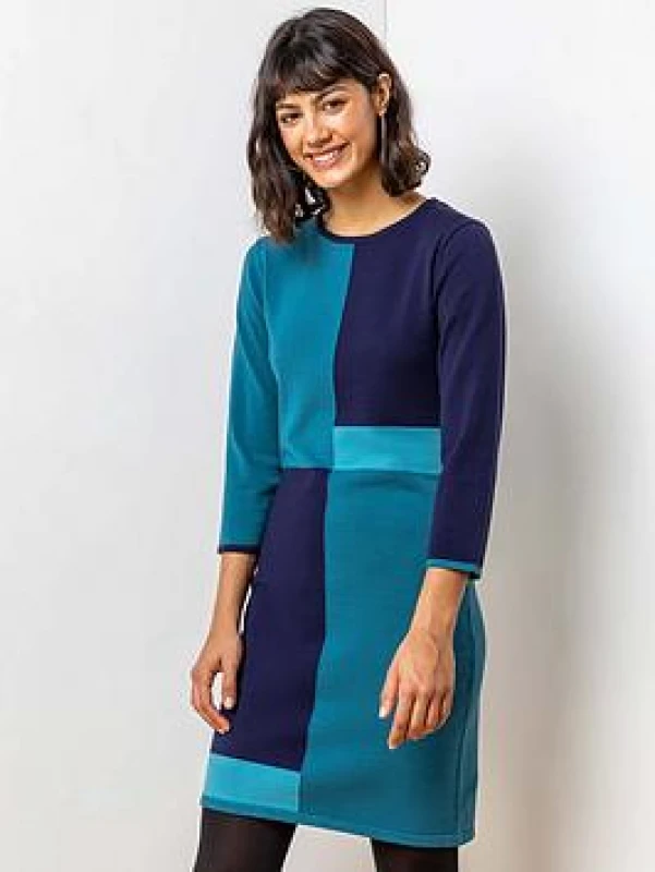 Image of Roman Colour Block Knitted Dress Blue