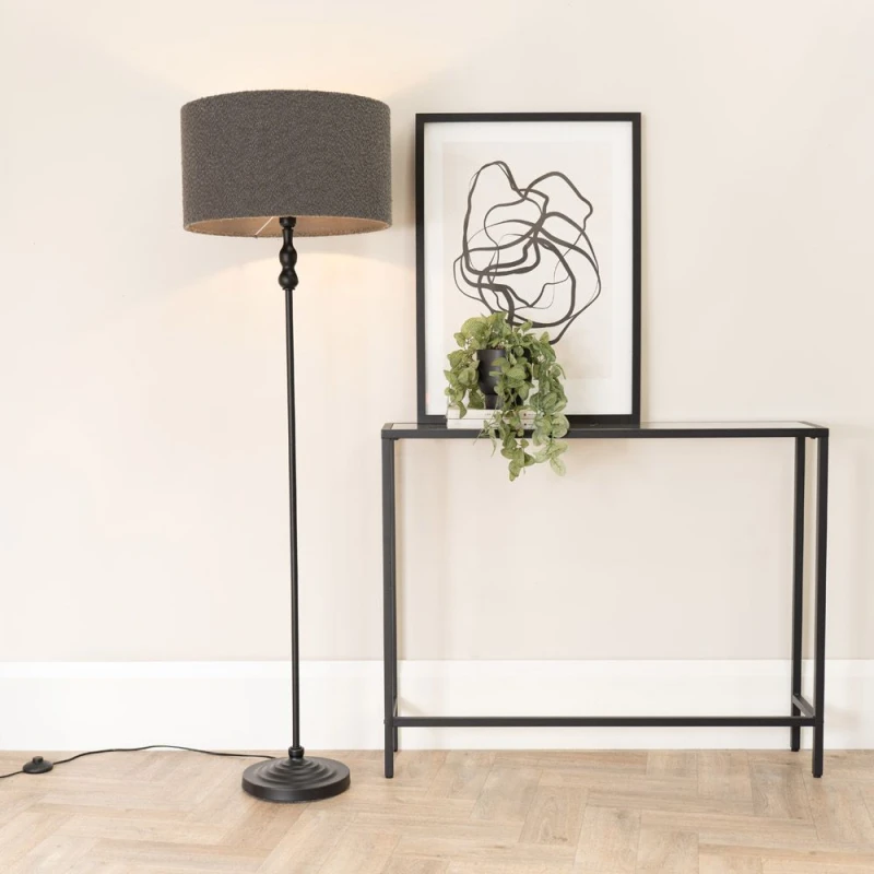 Image of ValueLights Maggie Black Candlestick Floor Lamp with Charcoal Boucle Lamp Shade and LED Bulb Charcoal
