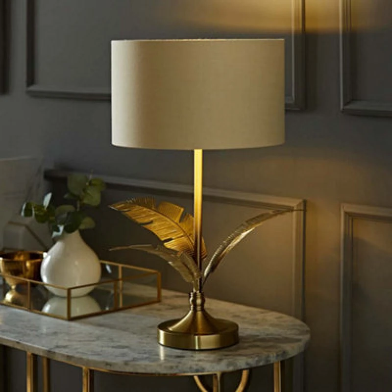 Image of ValueLights ValueLights Christina Fabric with Metallic Gold Inner Drum Shade Gold Palm Leaf Table Lamp in Natural Natural One Size Unisex 505940606535