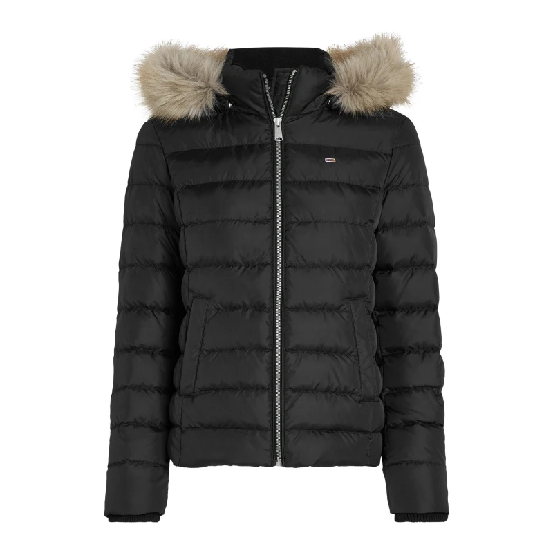 Image of Tommy Jeans Womens Essential Quilted Wind Resistant Faux Fur Hood RDS Down Short Puffer Jacket Black female 14 (L)