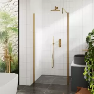 Image of Outer Framed Brushed Brass Wetroom Screen with Support Bar 800mm w x 1950mm h - 8mm Glass - Hudson Reed
