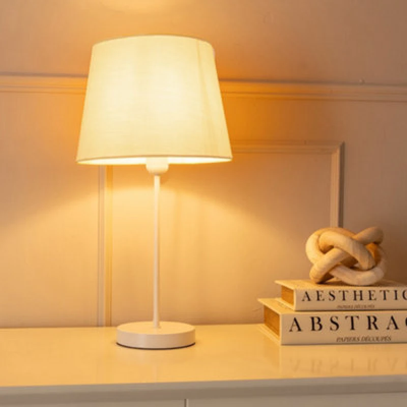 Image of ValueLights Charlie White Single Stem Table Lamp with Fabric Tapered Lamp Shade and LED Bulb Beige