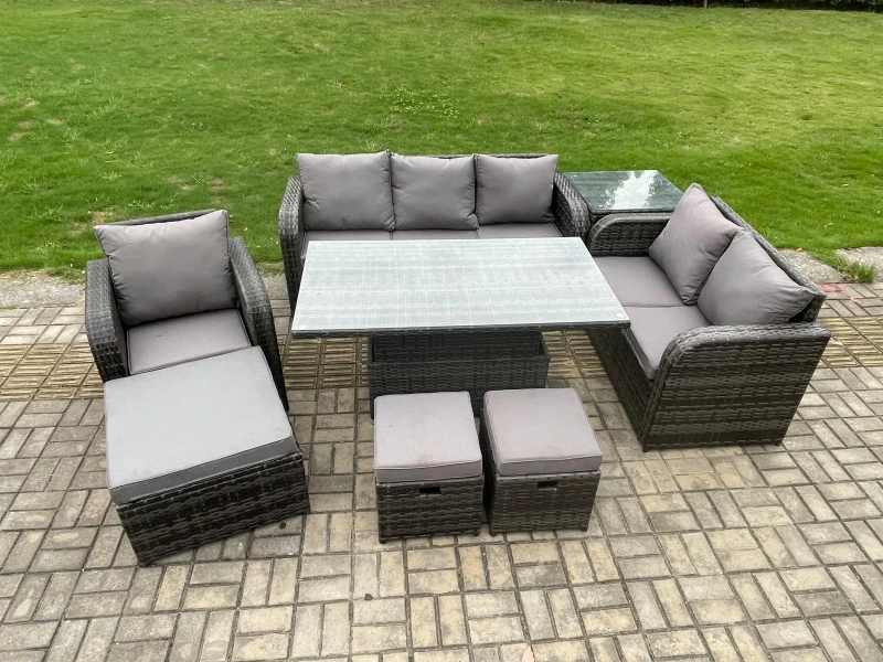 Image of Fimous Rattan Outdoor Furniture Garden Dining Set Patio Height Adjustable Rising lifting Table Reclining Chair Sofa With Side Table 3 Footstools Dark