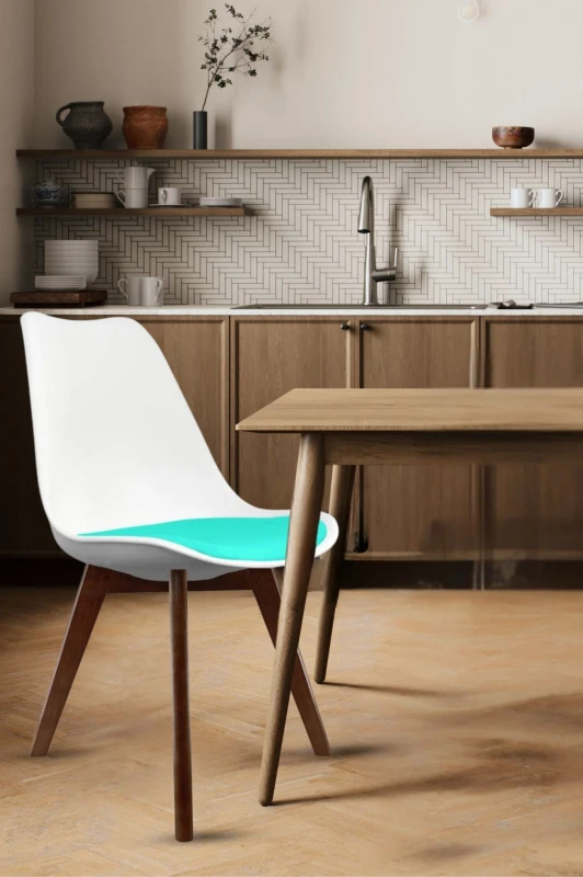 Image of Fusion Living Soho Plastic Dining Chair With Squared Dark Wood Legs White & Aqua, Blue FL4502