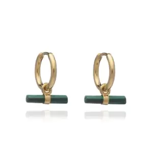 image of Rachel Jackson London Gold Plated Malachite Mini T-Bar Huggie Hoop Earrings